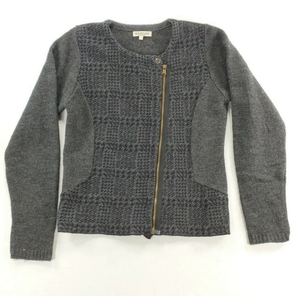 Maryline Cardigan Women L Sweater Moto Zipper Gray Black Wool Blend Mixed Media
